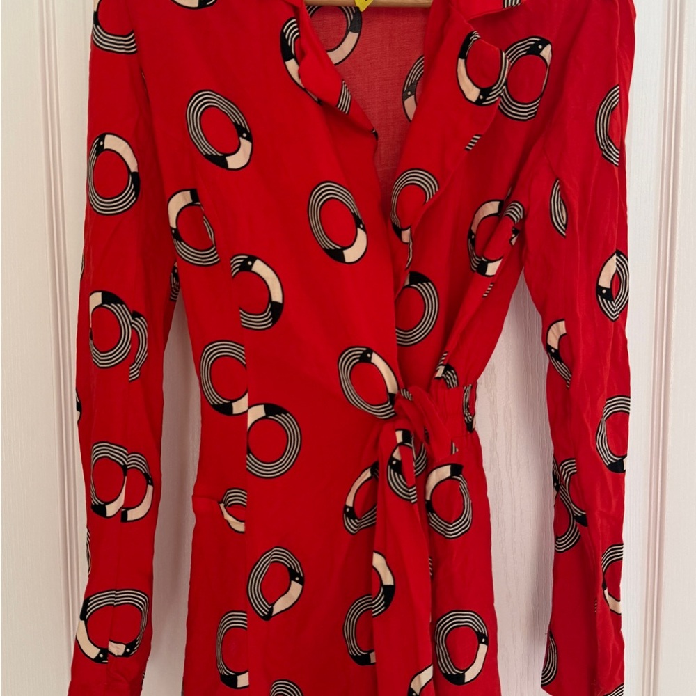 Red Wrap Dress with Black & Cream Ring Print